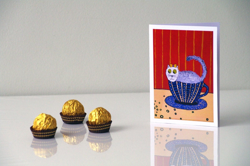 Cat Greeting Card / Lovely kitty in the coffee cup / Funny animal art / Gift for children cat lover