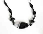 Black Onyx Necklace. Beaded Natural Stone Necklace. Striped Black and White Oval Onyx Stone. Geometric Jewelry. Glass beaded Gift for Her.