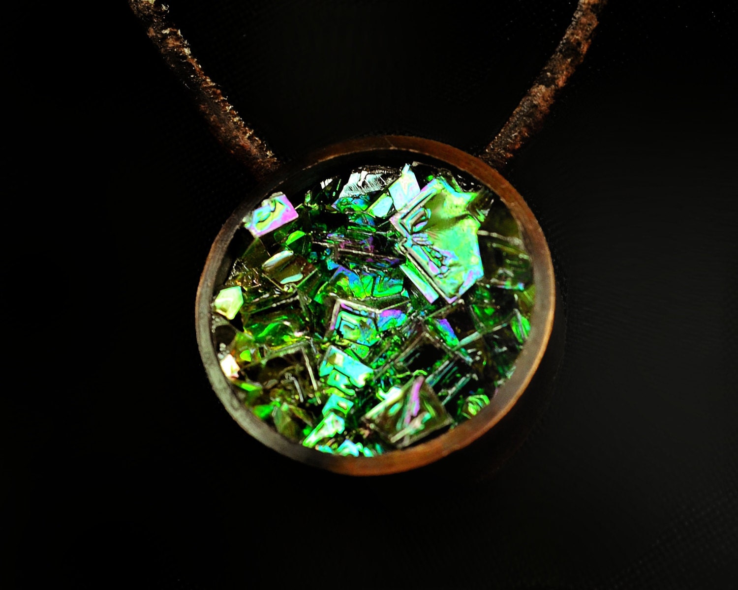 Eden, Bismuth Metal Crystal in a Copper Bezel on a Leather or Copper Necklace, Fractal, Unique, Artistic Jewelry