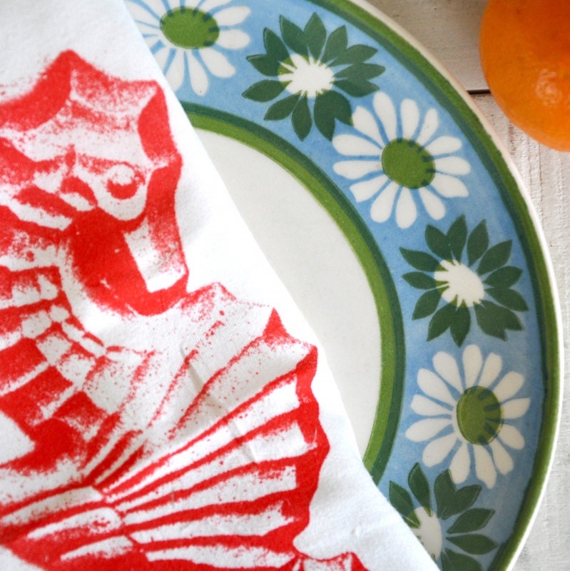 Seahorse Flour Sack Tea Towel, Red Sea Horse --Screen Printed Natural Cotton -- Soft, Lint Free, Awesome.