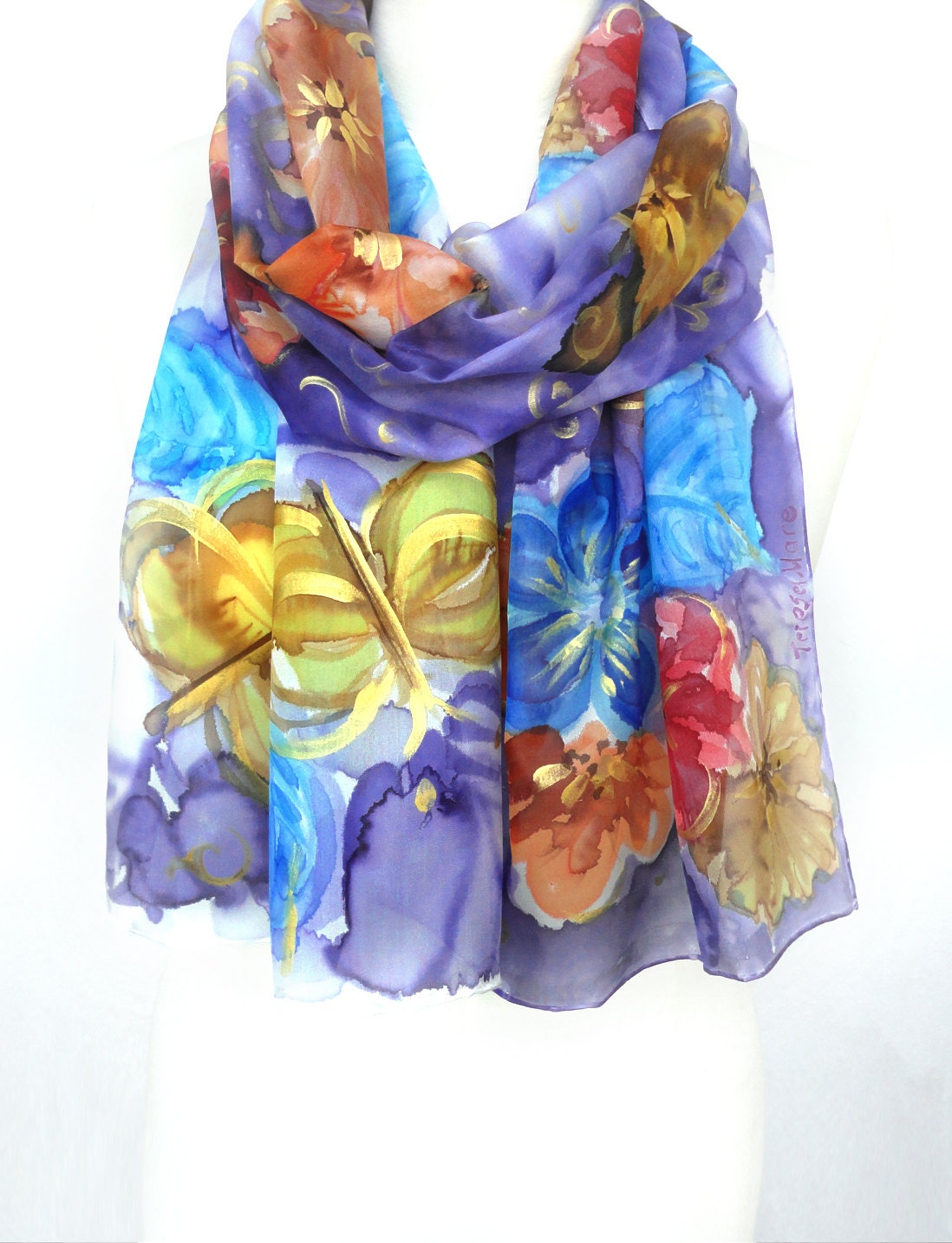 Purple Scarf. Hand Painted Silk Scarf. Floral Shawl. Gift for Her. Handmade in Greece. Genuine Art on Silk. 14x71in. (35x180cm). Ready2Ship.