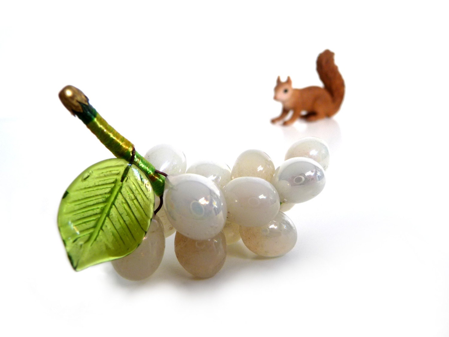 Vintage Glass Grape Cluster - Pearl White Grapes with Green Leaf - Collectible Miniature - 1980s