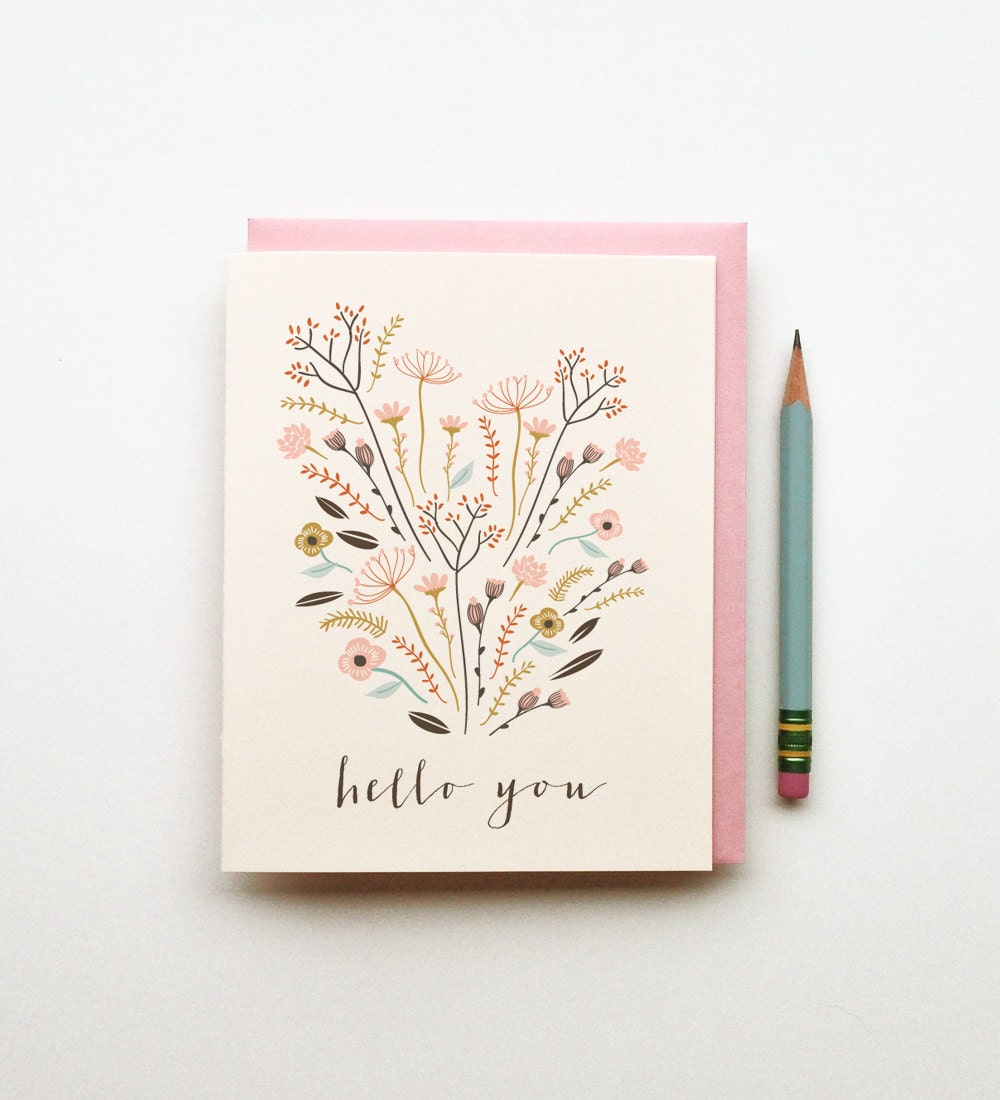 Hello You illustrated drawing birthday card pastels floral bouquet boho tribal southwestern chic simple calligraphy
