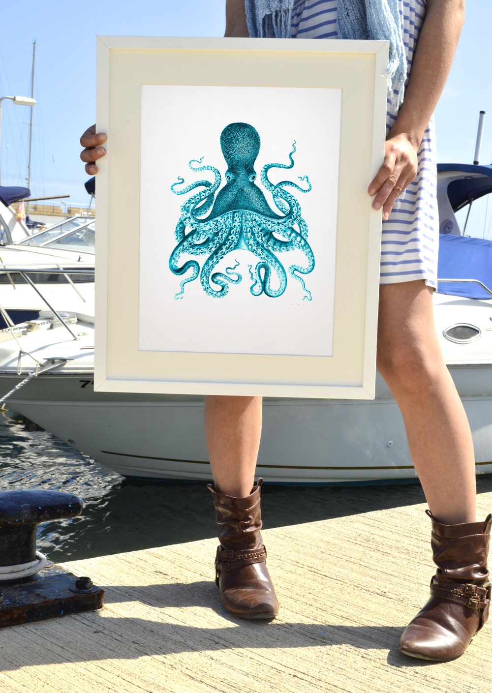 Octopus A3 plus sized Poster Wall Art -  octopus in turquoise no.09 - sea life print