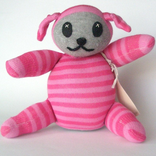 Sock monkey, sock animal, soft pink plush stripe toy sock puppy. Pepe Puppy.