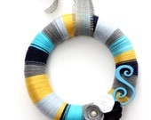 14" Navy/yellow multicolor front door monogram yarn wreath - The Simone