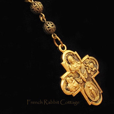 CATHOLIC CROSS NECKLACE Pendant /Religious Jewelry/ Catholic Holy Family Vintage Style Medal /Saints Four 4 Way Cross /Filigree Rosary Beads