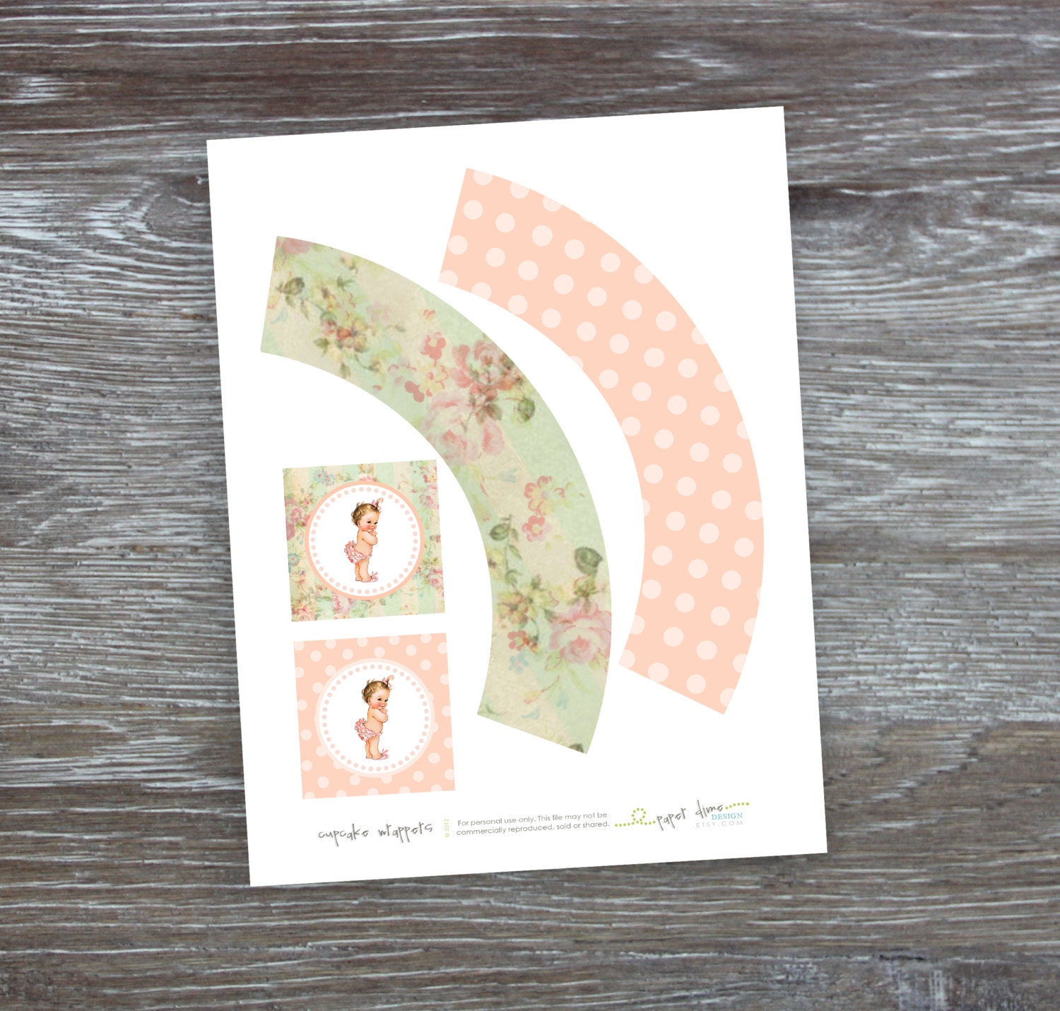 INSTANT DOWNLOAD - Printable Cupcake Wrappers with 2" party circles - Shabby Chic, Vintage, Birthday, Shower, girl - PDF File, You Print