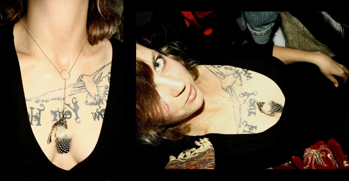 Rabbit Fur and Yarn wrapped Feather with Gold Circle Necklace