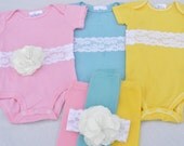 Baby Girls, Lace n' Flowered Onesie w/ matching Leg Warmers, and Headband  (Newborn-12 Month)  BizyBelle Cotton Candy Collection