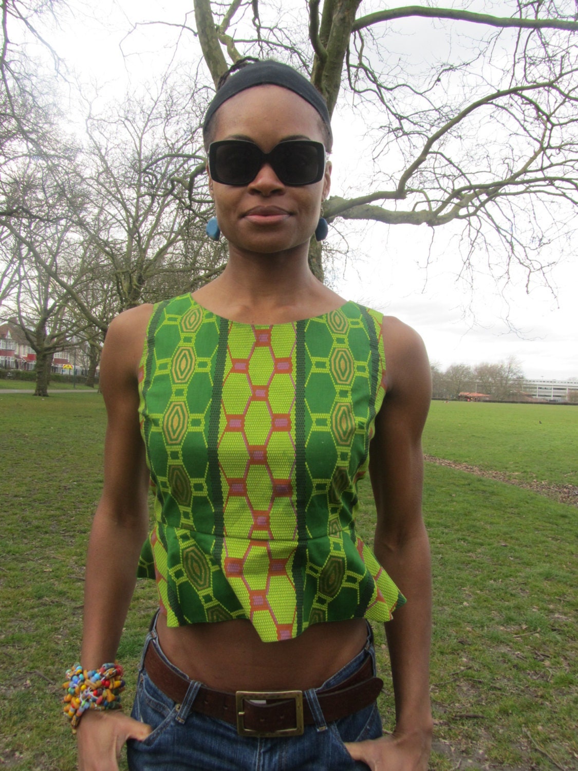 NEW - African Green Geometric - Peplum Top