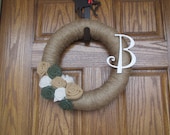 Monogrammed Jute Wreath with Burlap flowers, jute wrapped wreath with initial 