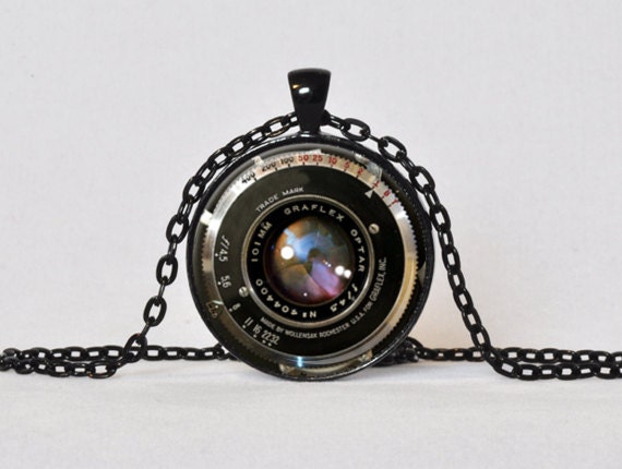 CAMERA LENS PENDANT Black Bronze Red Blue Photographer Gift for Her Camera Necklace Graflex Lens Photo Image, 1 Inch, Not an Actual Lens