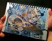 CROW SKULL journal w/ antique clocks, blue & brown earth tones, perfect for journaling note taking writing dreamwork school, man or woman