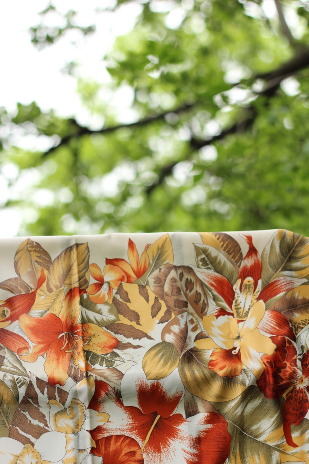 Vintage large floral scarf with leopards, tropical garden in orange and yellow