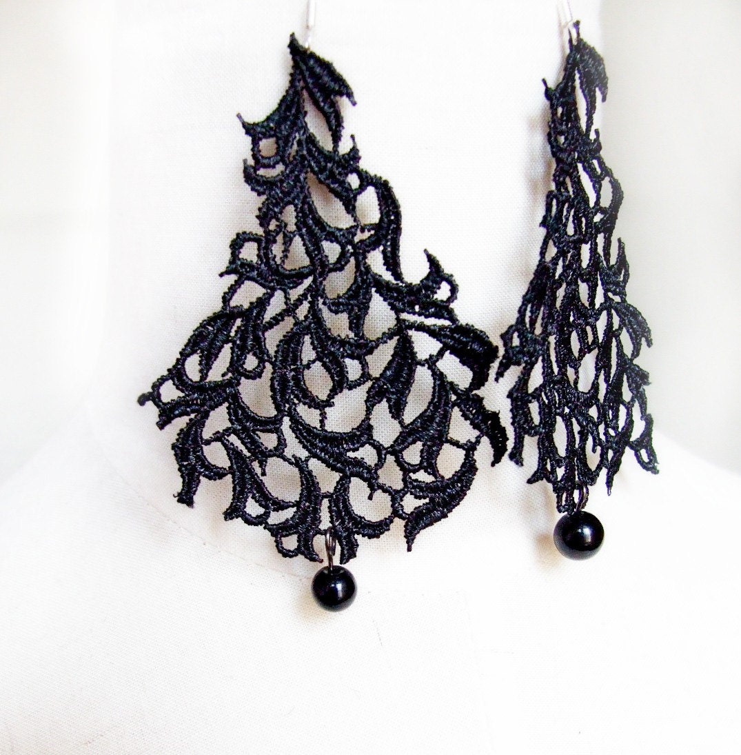 goth lace earrings - black beaded vintage large earrings - lace jewelry leaves - LaceFancy