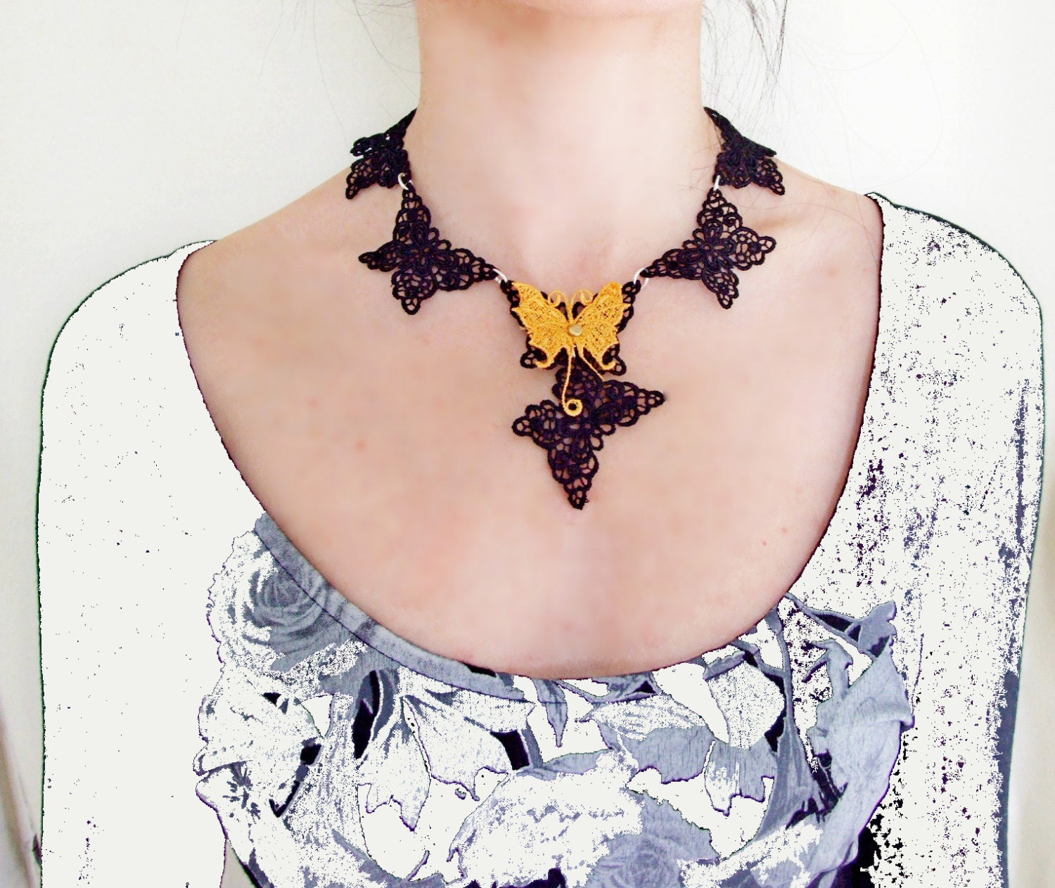 butterfuly lacebeaded necklace black  yellow  vintage pendant charms fantasy women jewelry gift