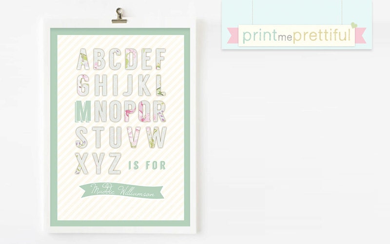 Shabby Chic Print / Alphabet Custom Initial Print / Nursery Wall Hanging / Custom Gift / New Baby / Child's Room / ABC Print