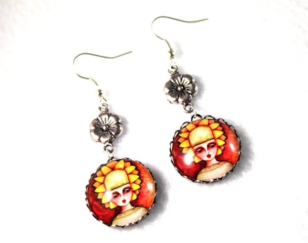 Silver Charm Dangle Drop Earrings, Original Girl Art Print, Upcycled Red Crystal Beads, Egyptian Mummy, Flower or Bow Charm, Silver Jewelry