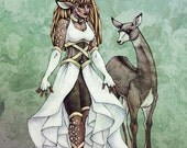 Deer Goddess Print - Medieval Fantasy Art - Forest Deer Girl with Antlers Illustration - Digital Art Print