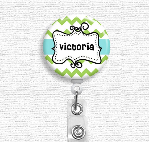Badge Holder - Personalized Name - Green Apple Chevron (Belt Slide Clip or Swivel Spring Clip) Retractable Badge Holder, Nurse Badge Reel