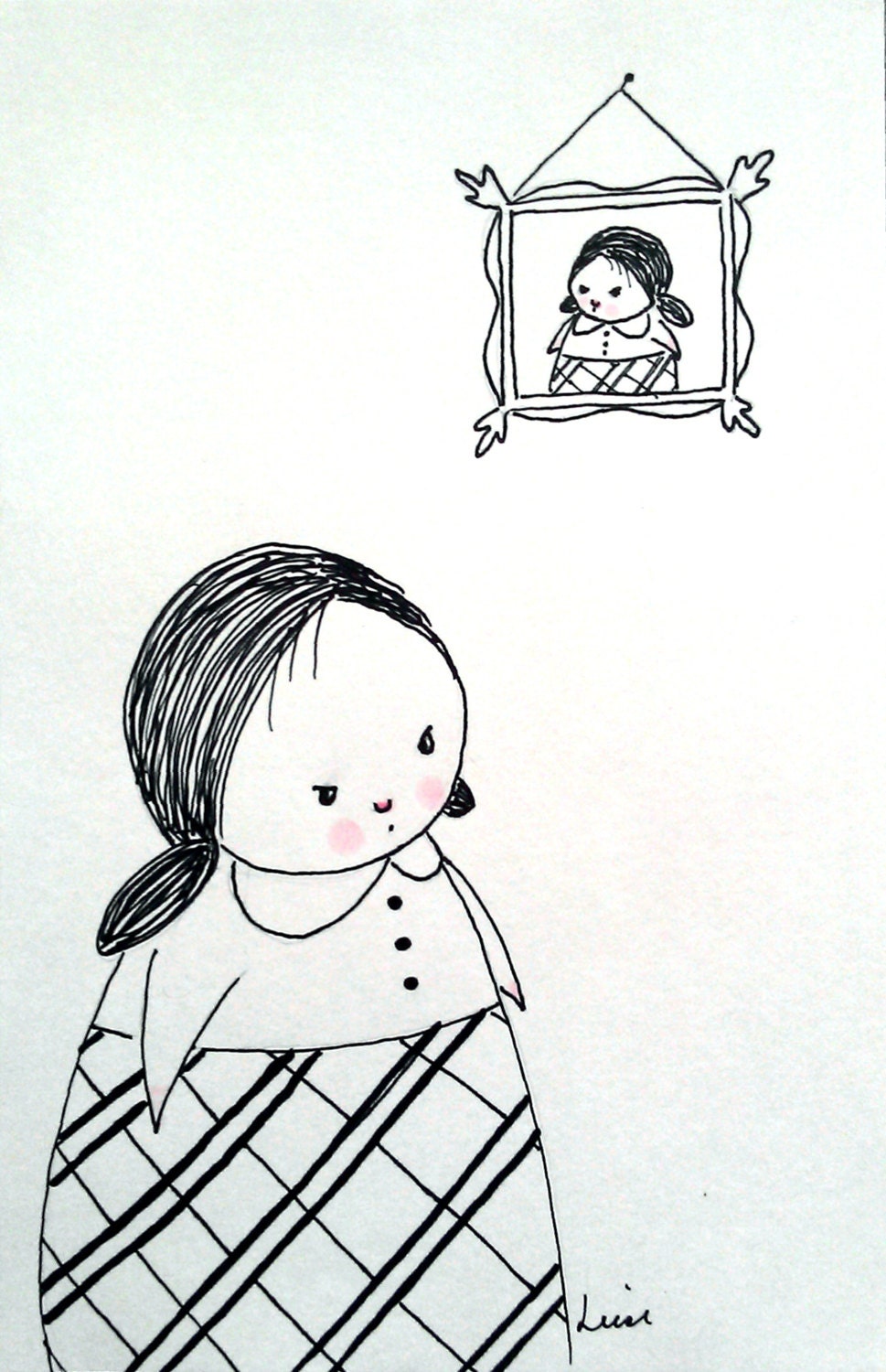 ORIGINAL ink illustration of Meanie girl with portrait - 5.5 x 8.5 inches - Little Meanie- by Liese Chavez