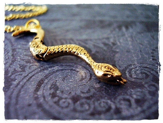 Tiny Snake (movable) Charm Necklace in Antique Gold Pewter with a Delicate 18 Inch Gold Plated Cable Chain