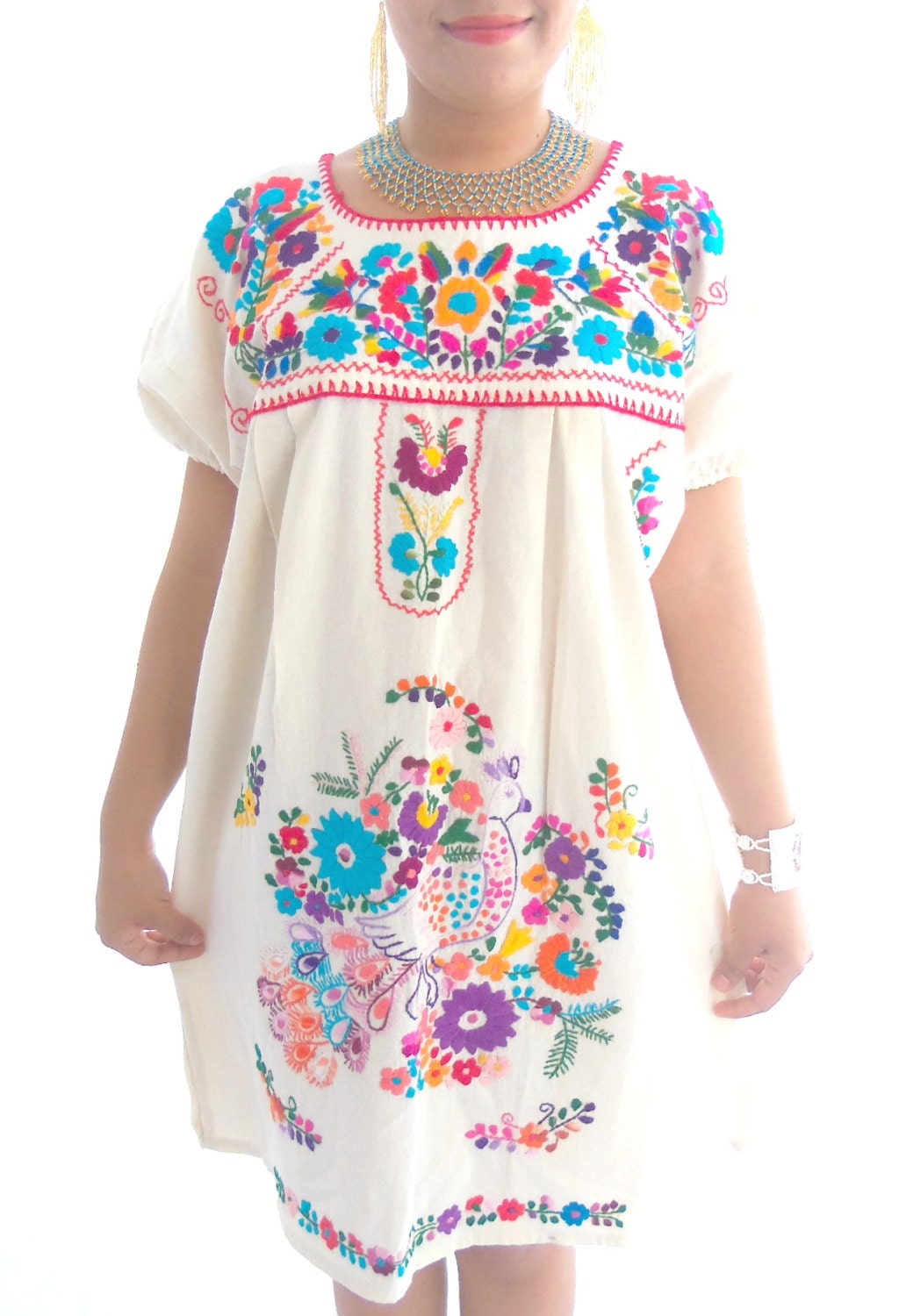 Peacock  Handmade Mexican Embroidered Pure Cotton  Dress