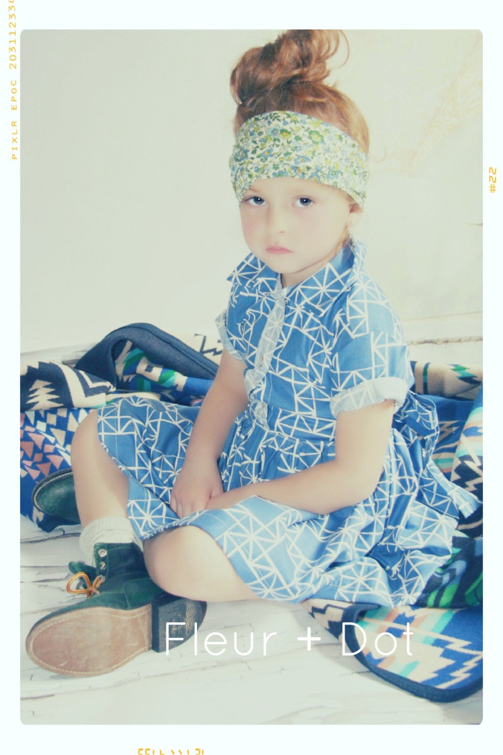 Blue Origami Girl Shirtdress in Blue and White Quilt Cotton Spring Summer Collection by Fleur and Dot