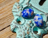 Cobalt Blue & Gold Cabochon Earrings, Boho Studs