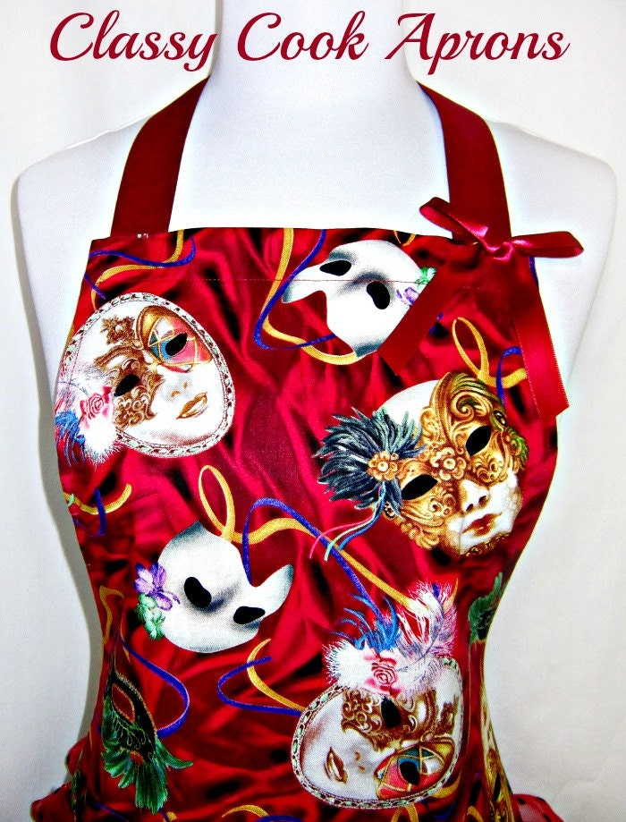 Apron PHANTOM of the OPERA, Masks MASQUERADE, Glamor in Red & Black, Double Ruffled Flounce, Pretty Party Hostess Gift