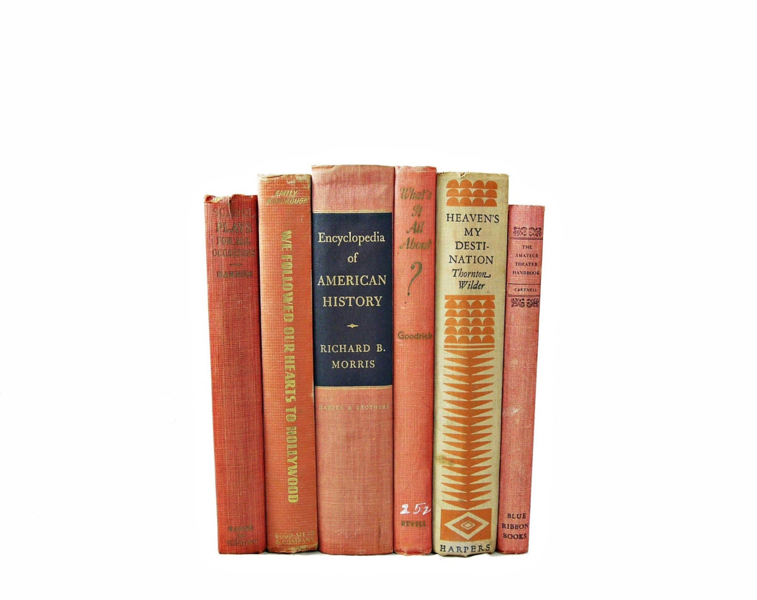 MUTED CORAL 1930s Decorative Books, Wedding Decor, Centerpiece, Book Collection Sets, salmon orange, Interior Design, Antique Photo PRops