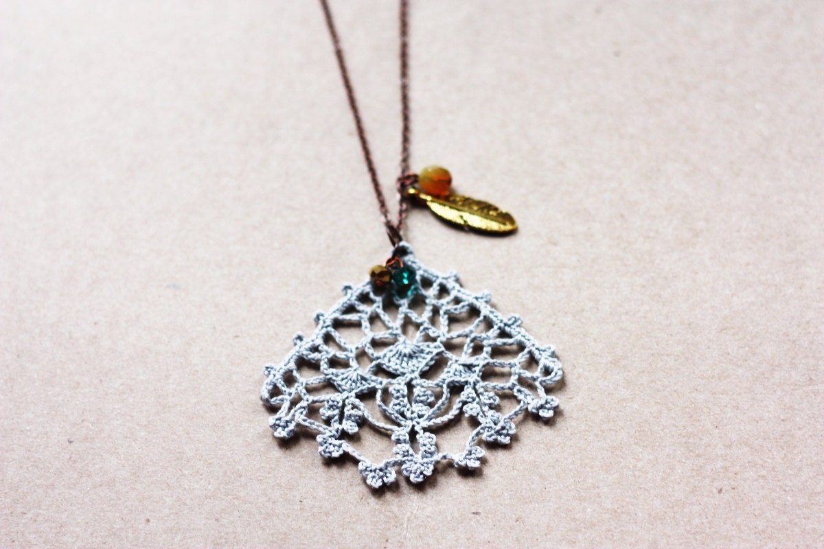 Crochet necklace filigree pendant lace jewelry light grey pastel