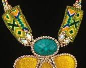 Mimosa necklace - made of hand woven elements adorned with aurora borealis crystals and resin cabochons