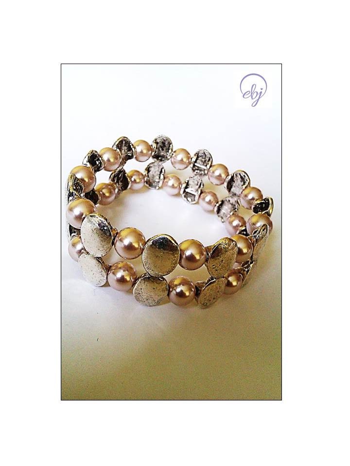 Light Brown Bead and Metal Bead Stretch Bracelet  - Upcycled Jewellery