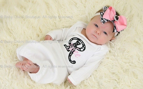 Baby Girl Infant Gown or Onesie and Damask Hair Bow with Rhinestone - Damask Initial Applique - Newborn thru 12 months