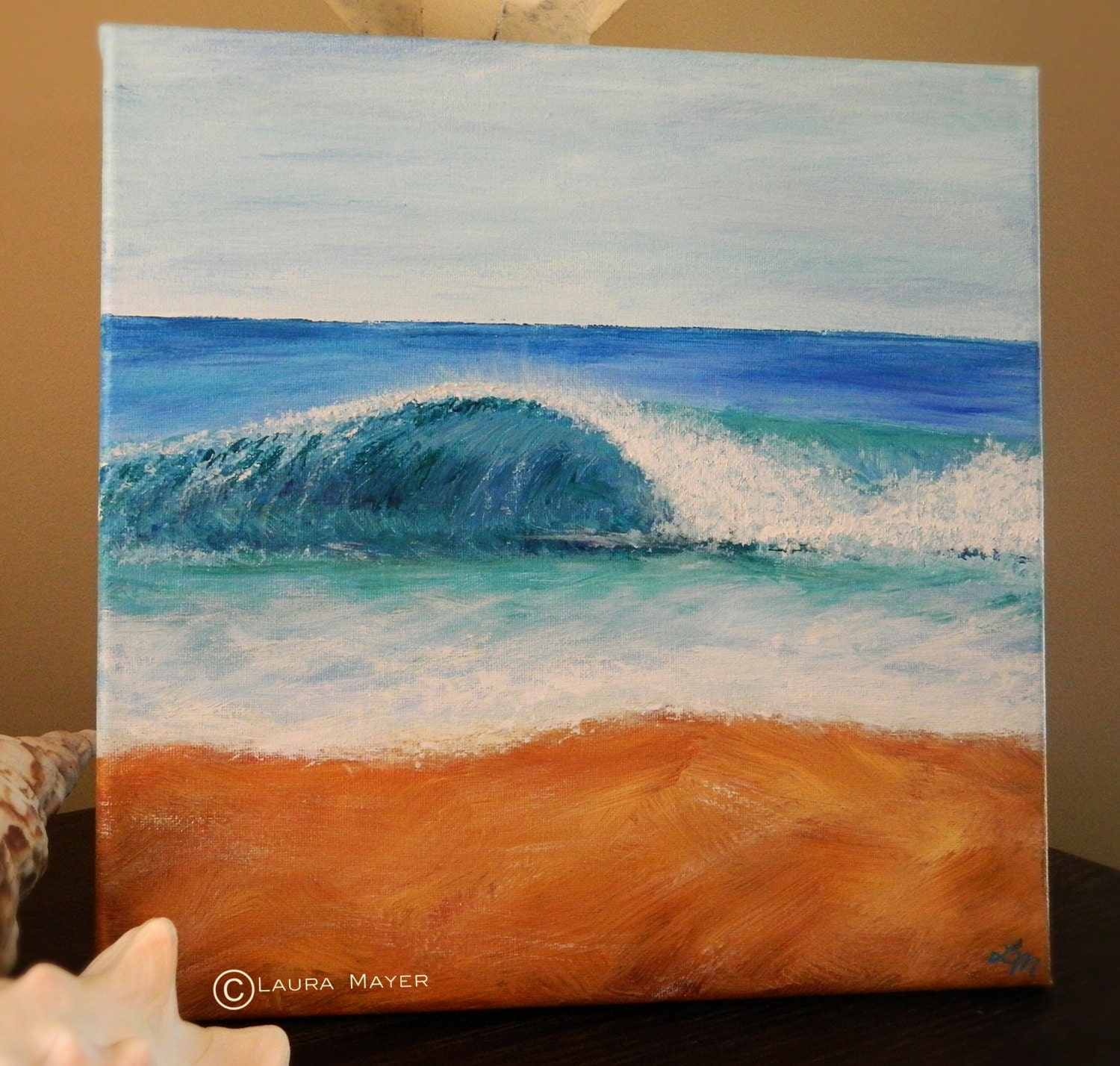 Shallow Water- 12 x 12 original acrylic surf art painting on canvas - wave, beach break, tube, barrel