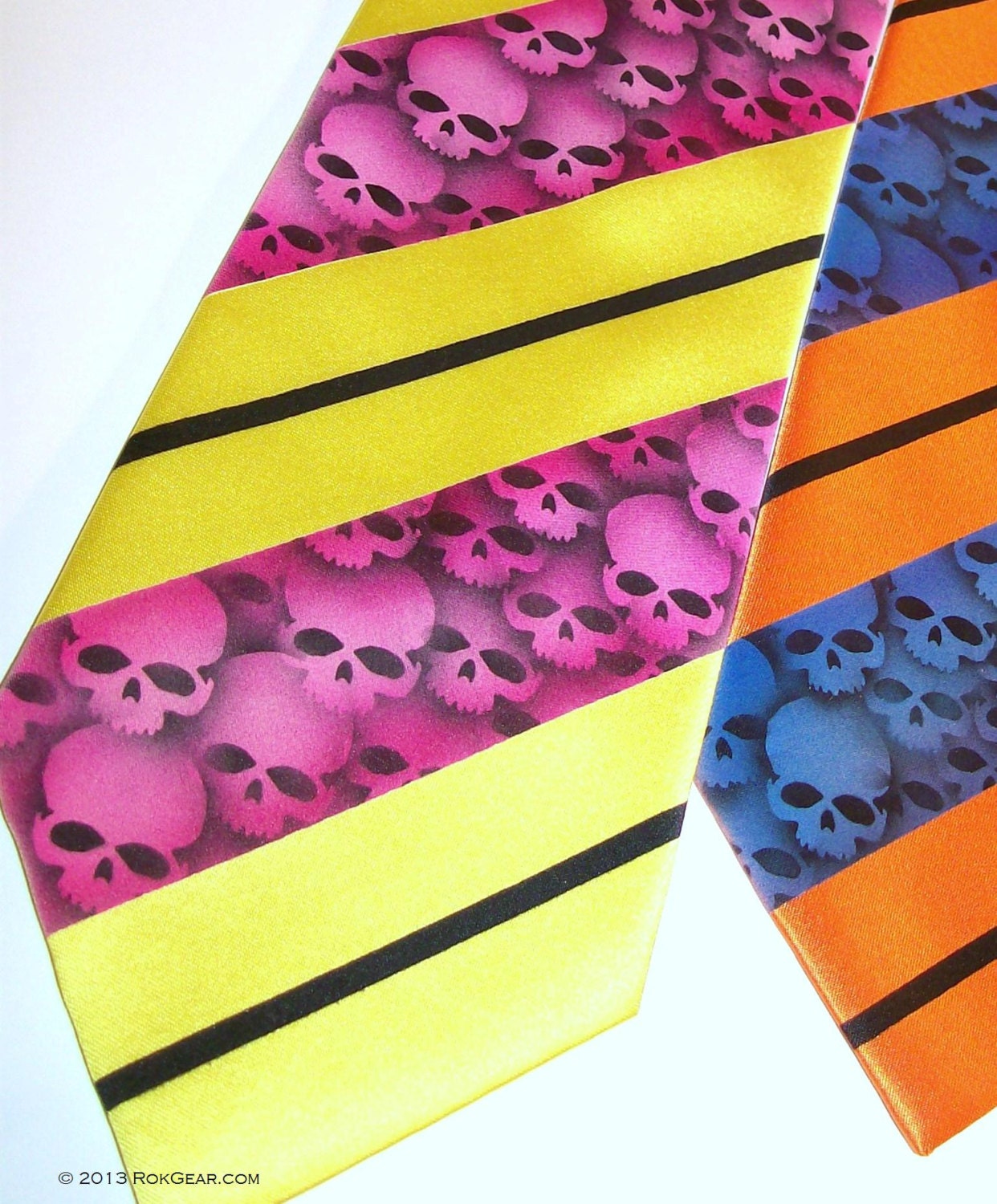 Necktie mens striped skull tie, Yellow tie fuchsia red skull stripes