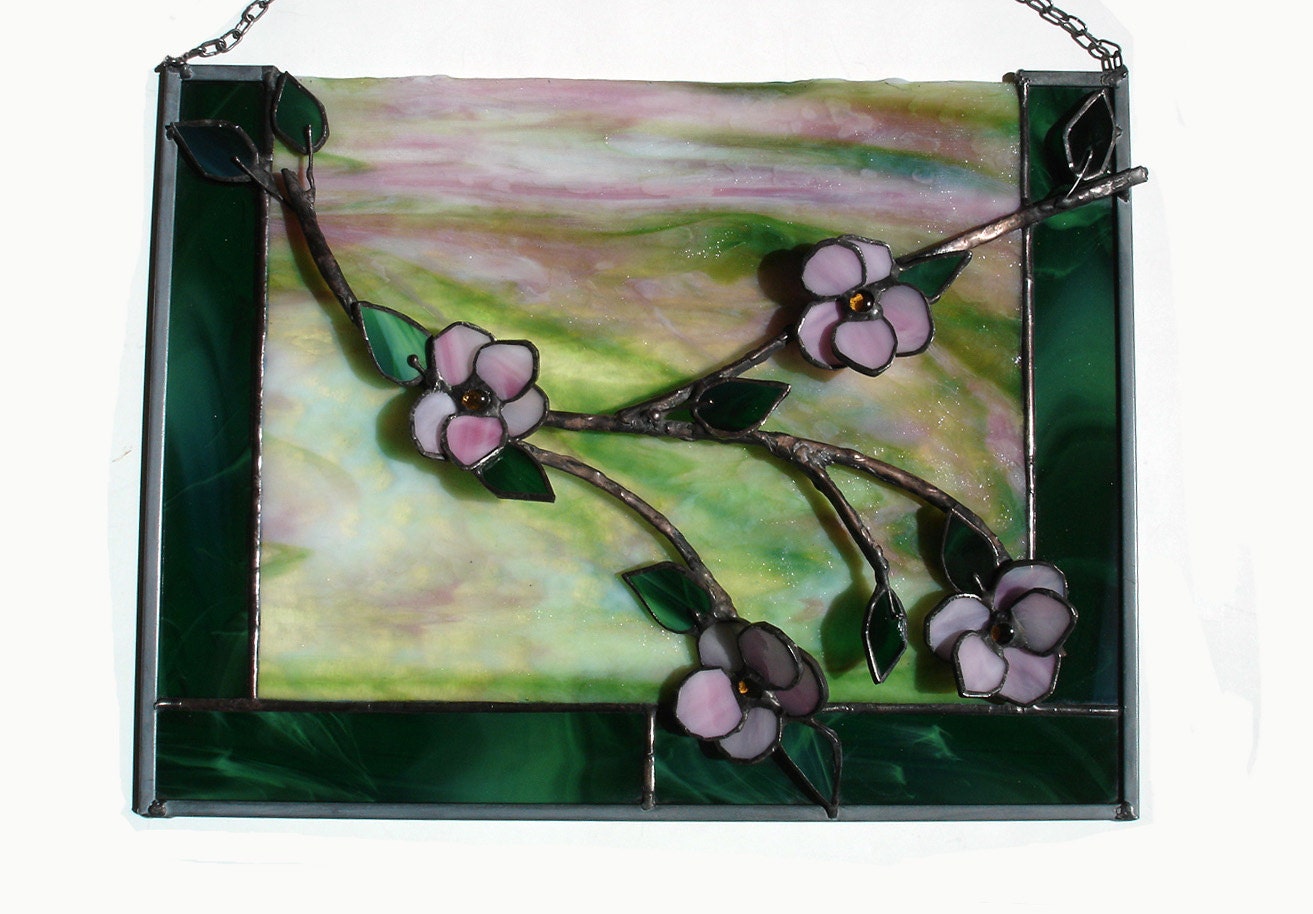 Spring flower blossom stained glass panel, green pink, unique ooak 3D modern home decor