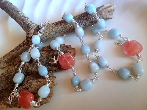 set of 3 robins egg blue and coral bridesmaid bracelets shabby chic beach wedding bridal bridesmaid destination