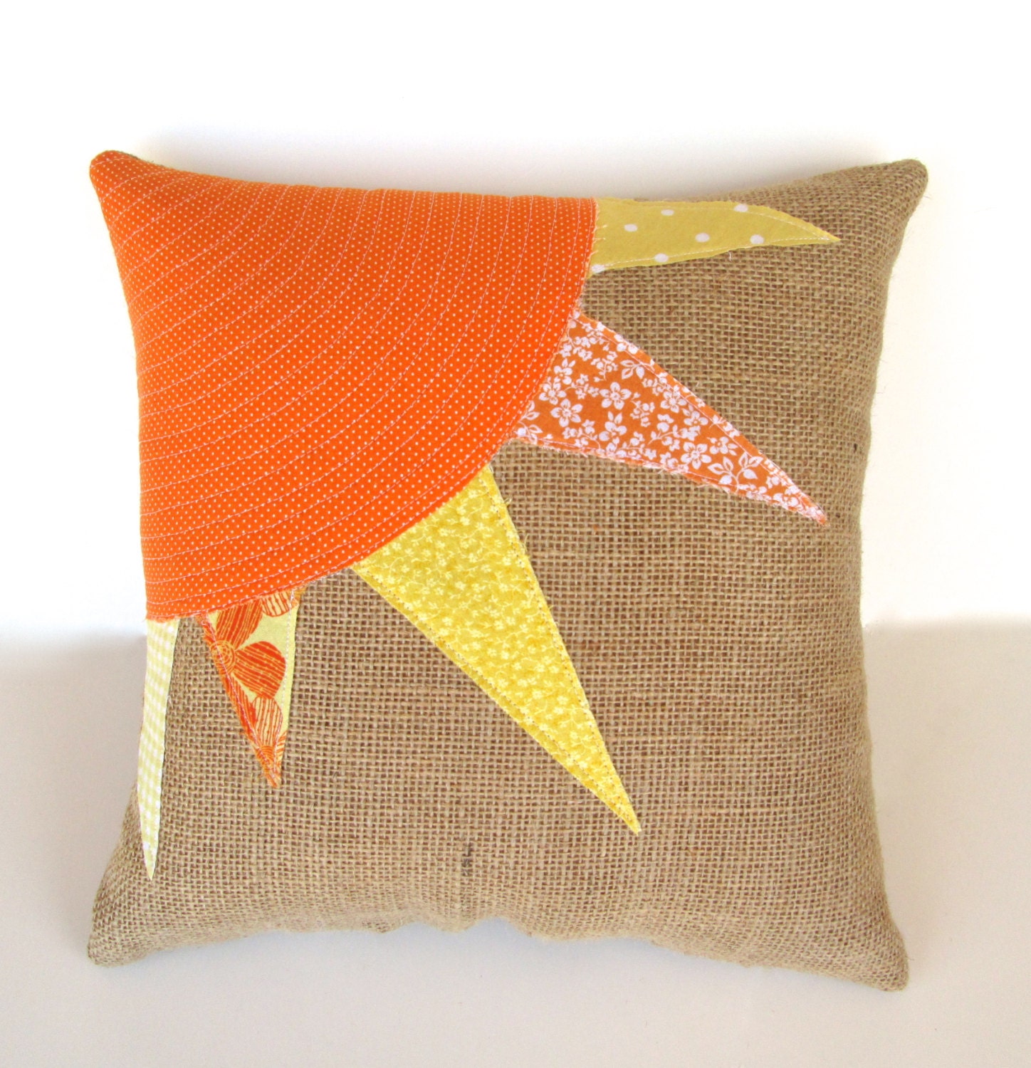 a ray of sunshine, burlap sun pillow, burlap pillow, orange and yellow decorative pillow, sun, beach house decor, home decor, READY TO SHIP