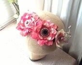 Wedding Head Piece, Bridal Headpiece Headband, Pink Flower Ribbon Hair Band, Floral Crown Hair Accessory, Valentines Day Gift