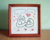 Handmade embroidery "Love cats" wall hanging embroidered home decor/gift under 30/ framed without glass/ funny loving couple with big eyes