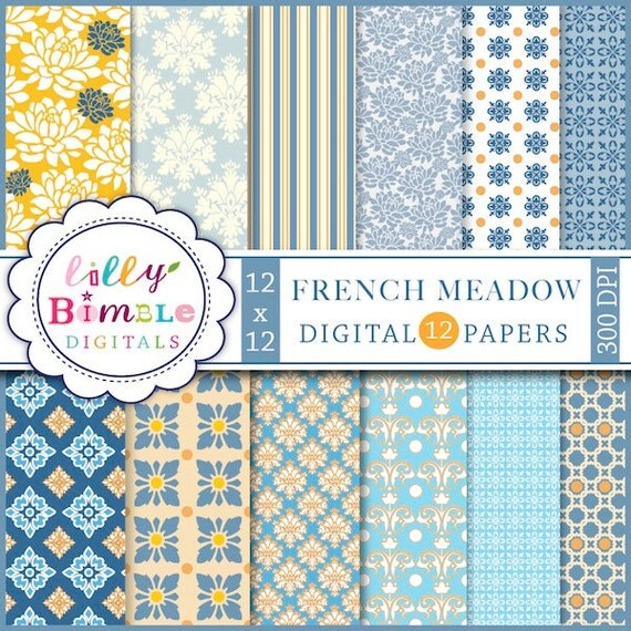 INSTANT DOWNLOAD digital scrapbook papers French Meadow light blue, damask, elegant Il_570xn