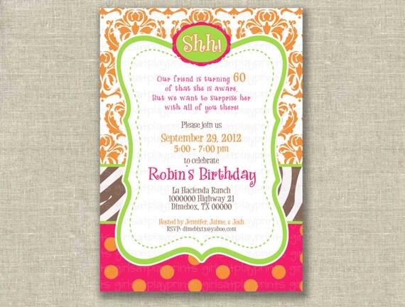 Birthday Surprise 30 40 50 Invitation Damask Animal Print - Printable by you - girls at play Il_570xn
