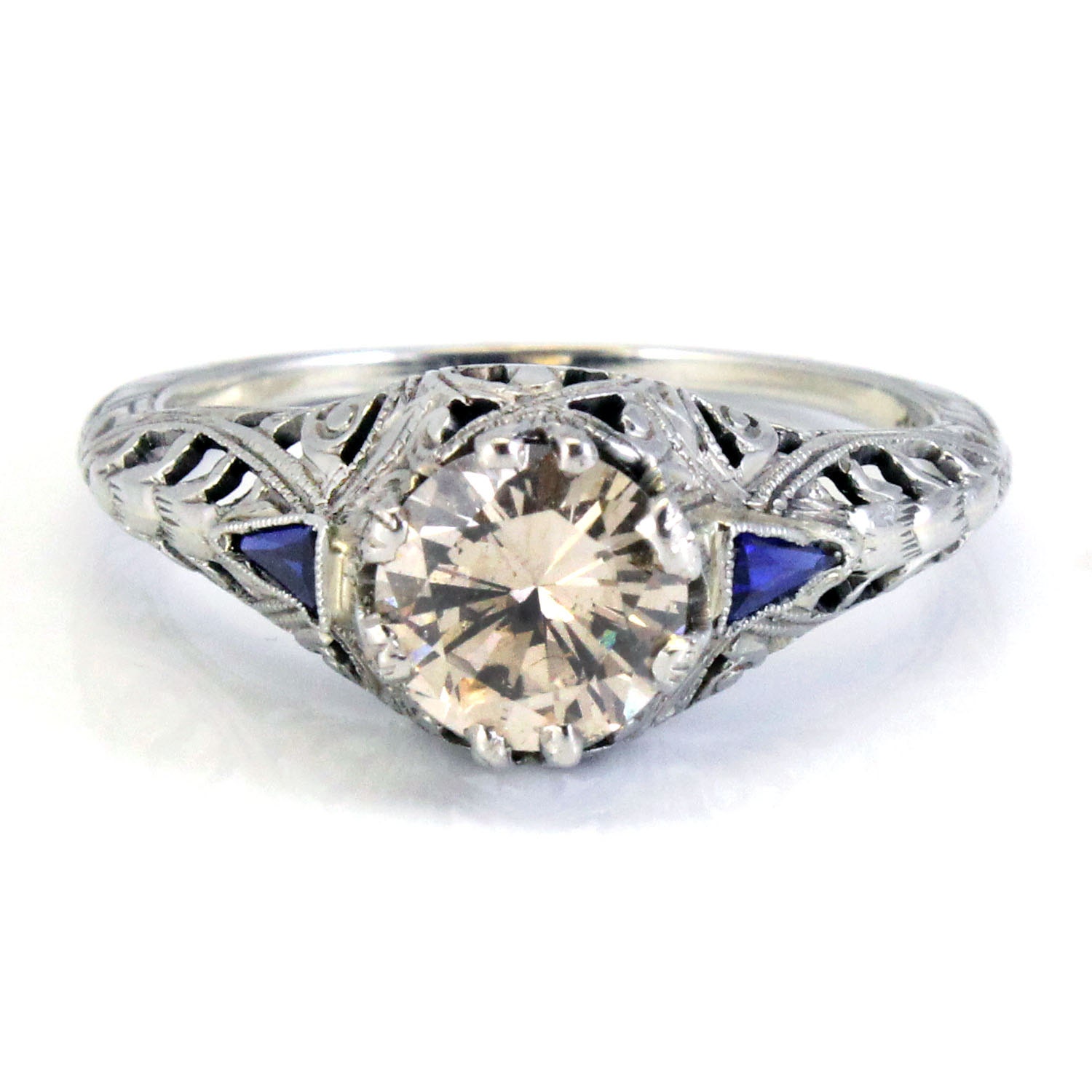 18K Antique 1.08ct Diamond Blue Sapphire Filigree Engagement Ring