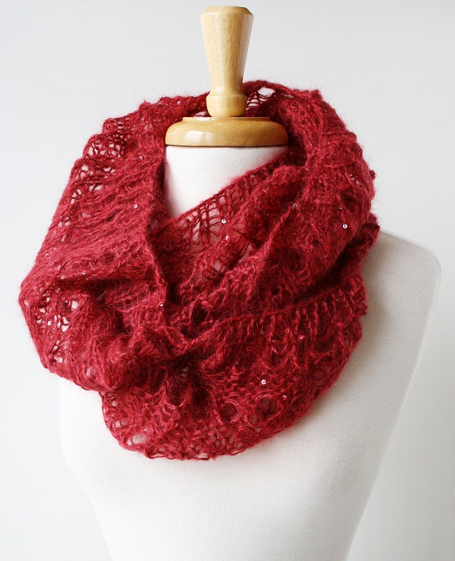 Women Fashion - Infinity Hand-Knit Scarf with Sequins - Mohair and Silk Cowl Snood Scarf - Red Apple - ElenaRosenberg