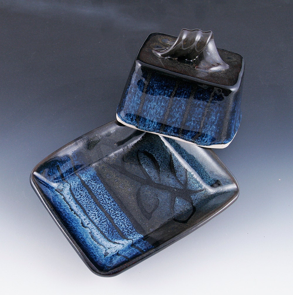Black and Blue Butter Dish with Lid