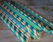 Ocean Party Straws Set of 30 stripes-dots-chevron-solid-Turquoise Aqua Paper Drinking Straws Il_170x135