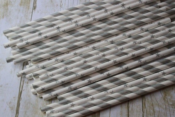 Shimmering Silver Party Paper Straws Set of 30 Stripes -- Stars -- Chevron Il_570xn